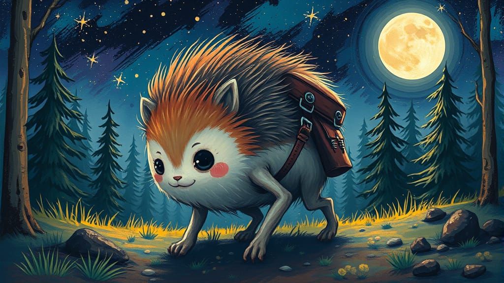 Furry Creature Crawling Through Forest, Graffiti Art Style