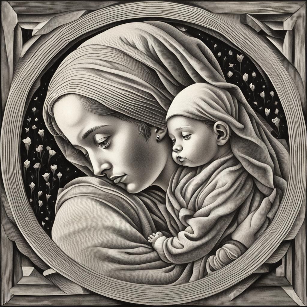 Escher-Inspired Mother and Child Geometric Art
