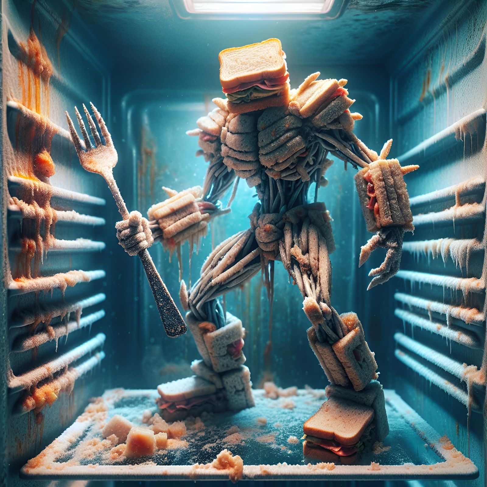 Sandwich Warrior Emerges from Dystopian Ruins in Cyberpunk S...