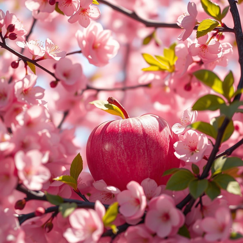 Whimsical Cherry Blossom Landscape with Pink Apple