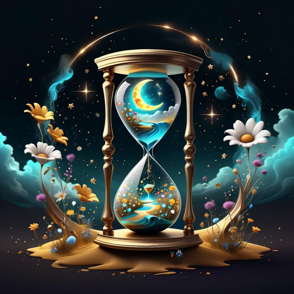 Hourglass Containing Celestial Bodies and Flowers