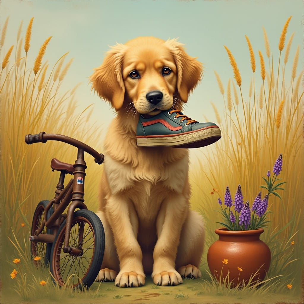 Golden Retriever Surrounded by Idyllic Countryside in Whimsi...