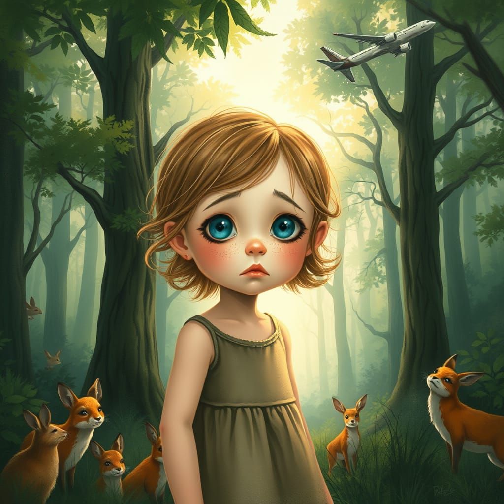 Young Girl Surrounded by Fear in a Haunting Forest Landscape