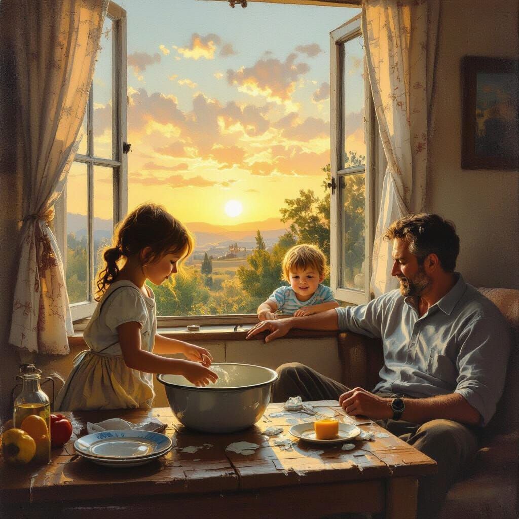 Family Scene at Sunset: Chores, Play, and Relaxation