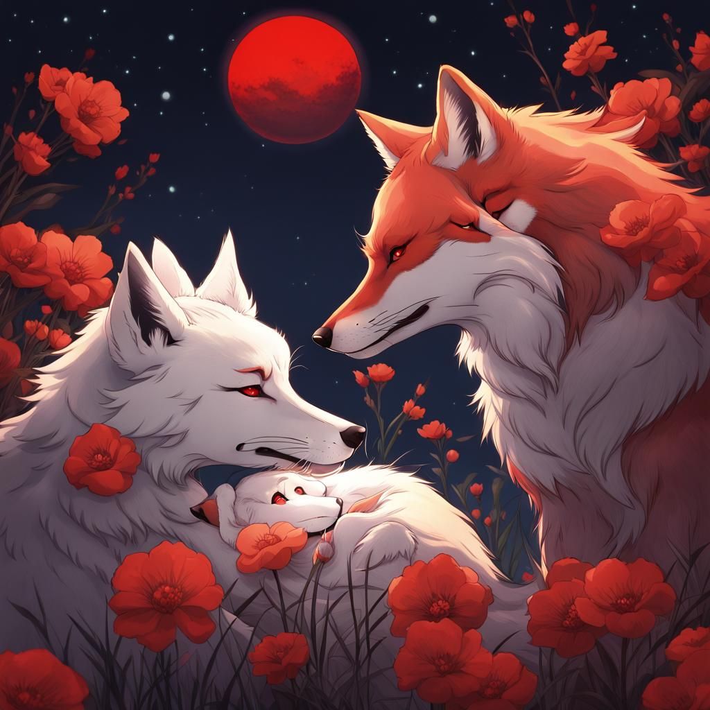 Wolf and Fox Friendship Under Red Moon in Anime Style