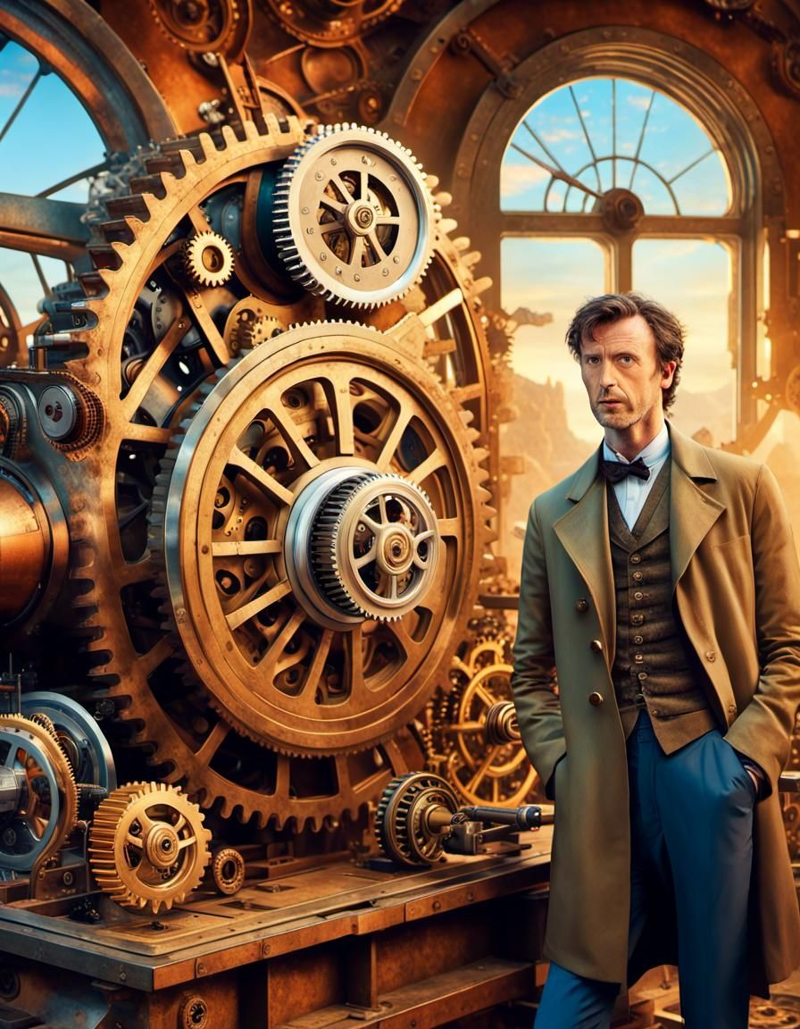Dr. Who and Steampunk Time Machine, Hyperrealistic Concept A...