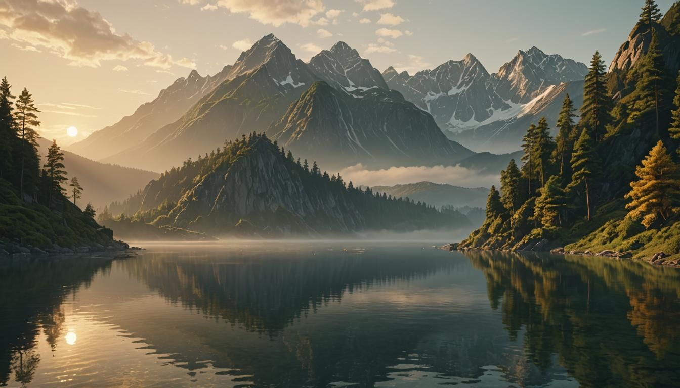 Majestic Mountains Meet Serene Sea at Dawn