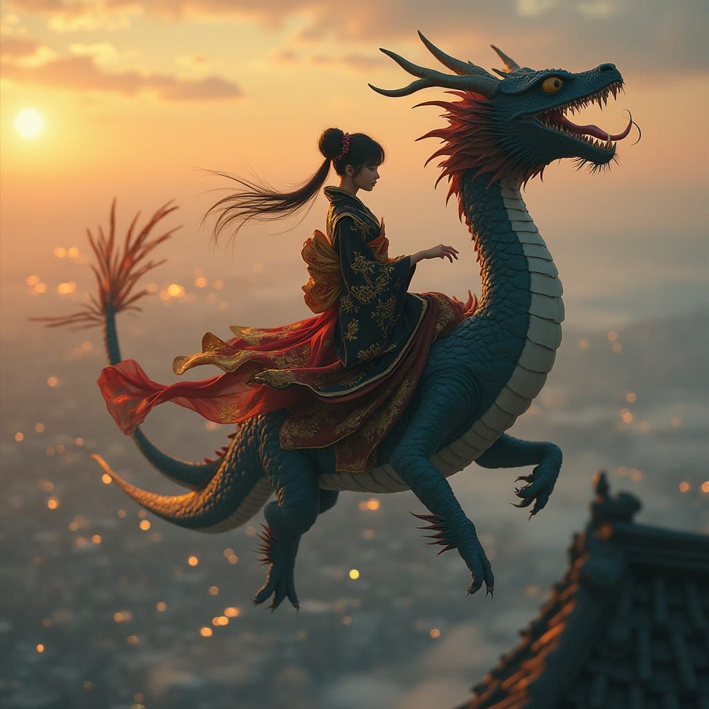 Girl on Dragon Over Sleeping City