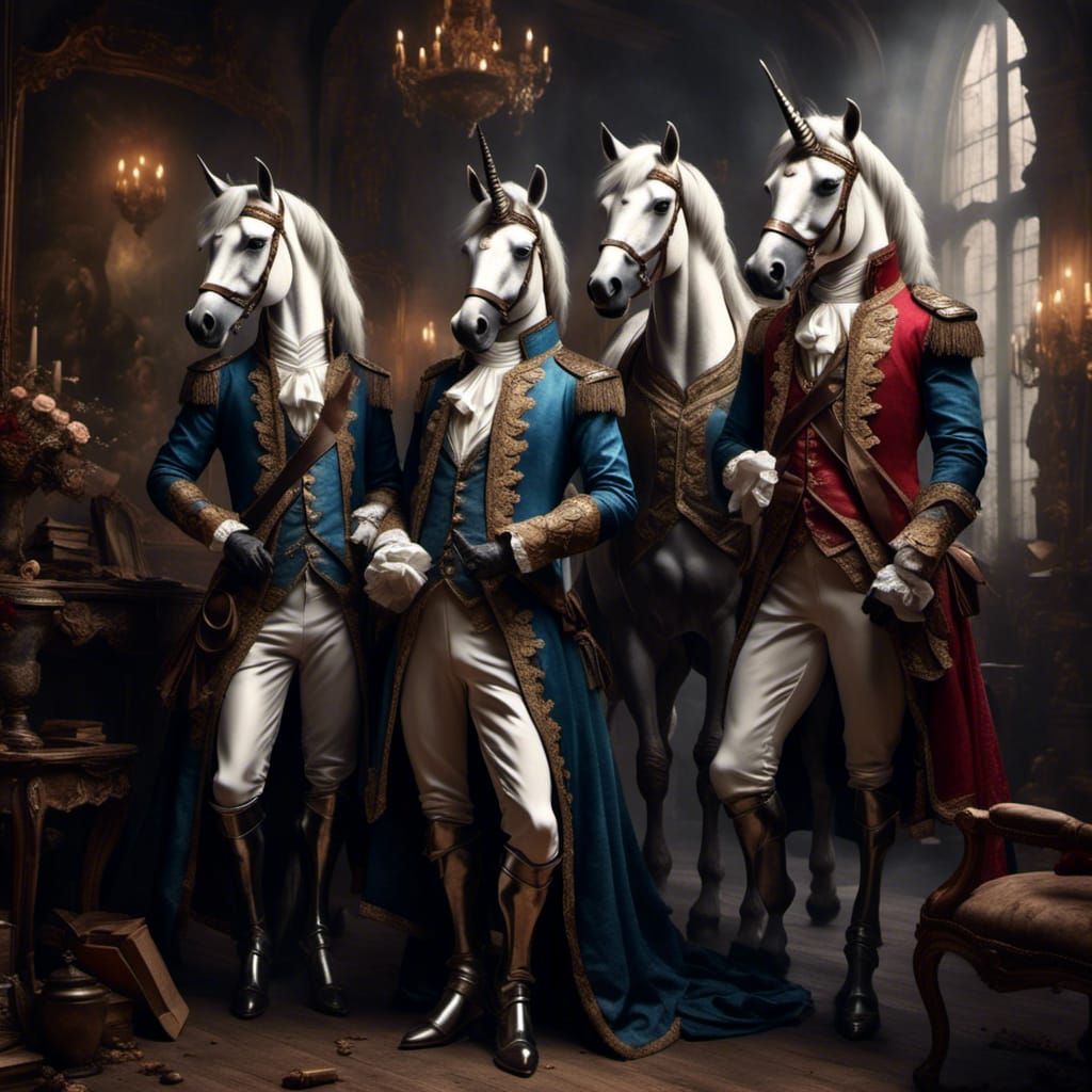 Three Unicorn Musketeers in Fantasy Art Style