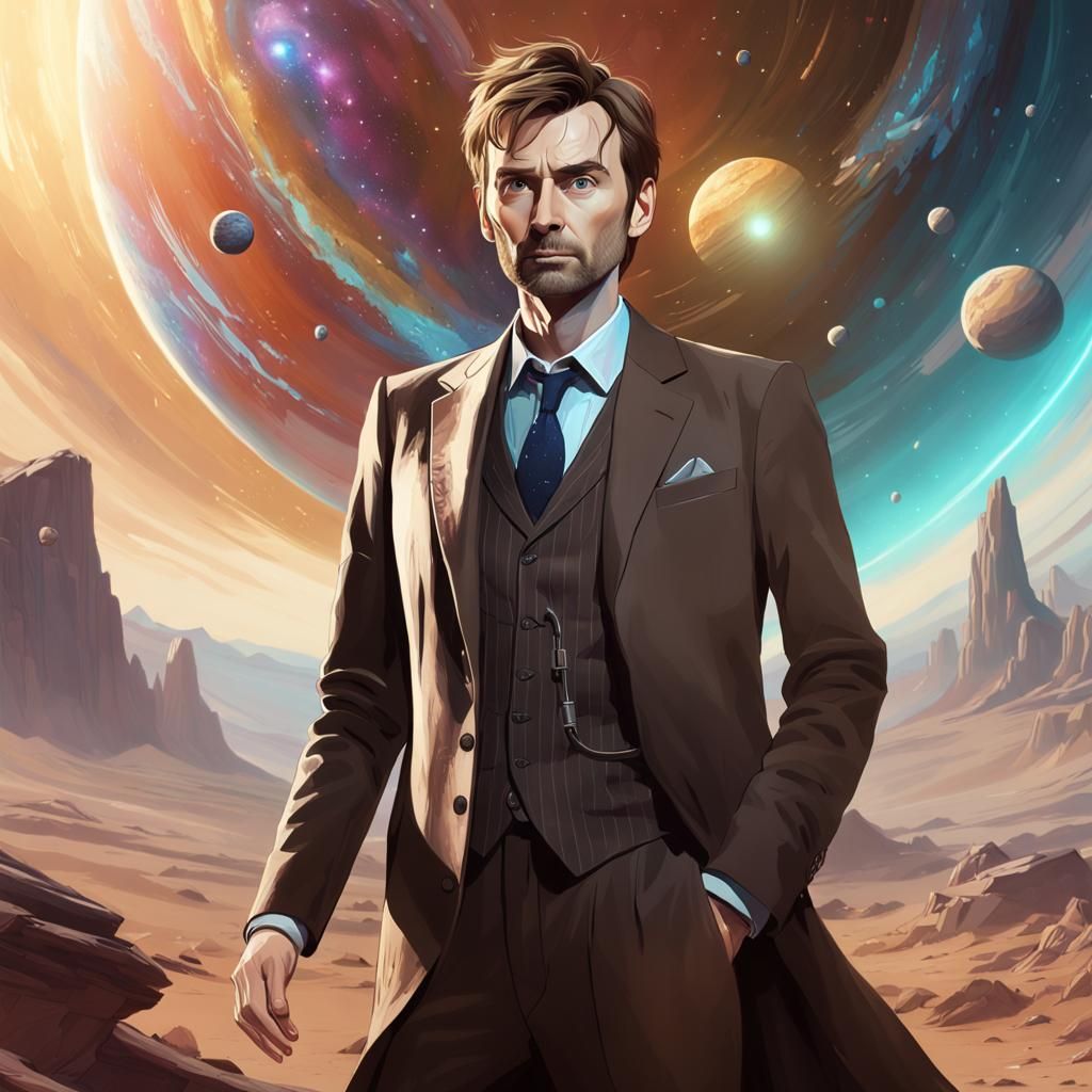 Man in Brown Suit Discovers Nebula Planet, Hyperdetailed Art