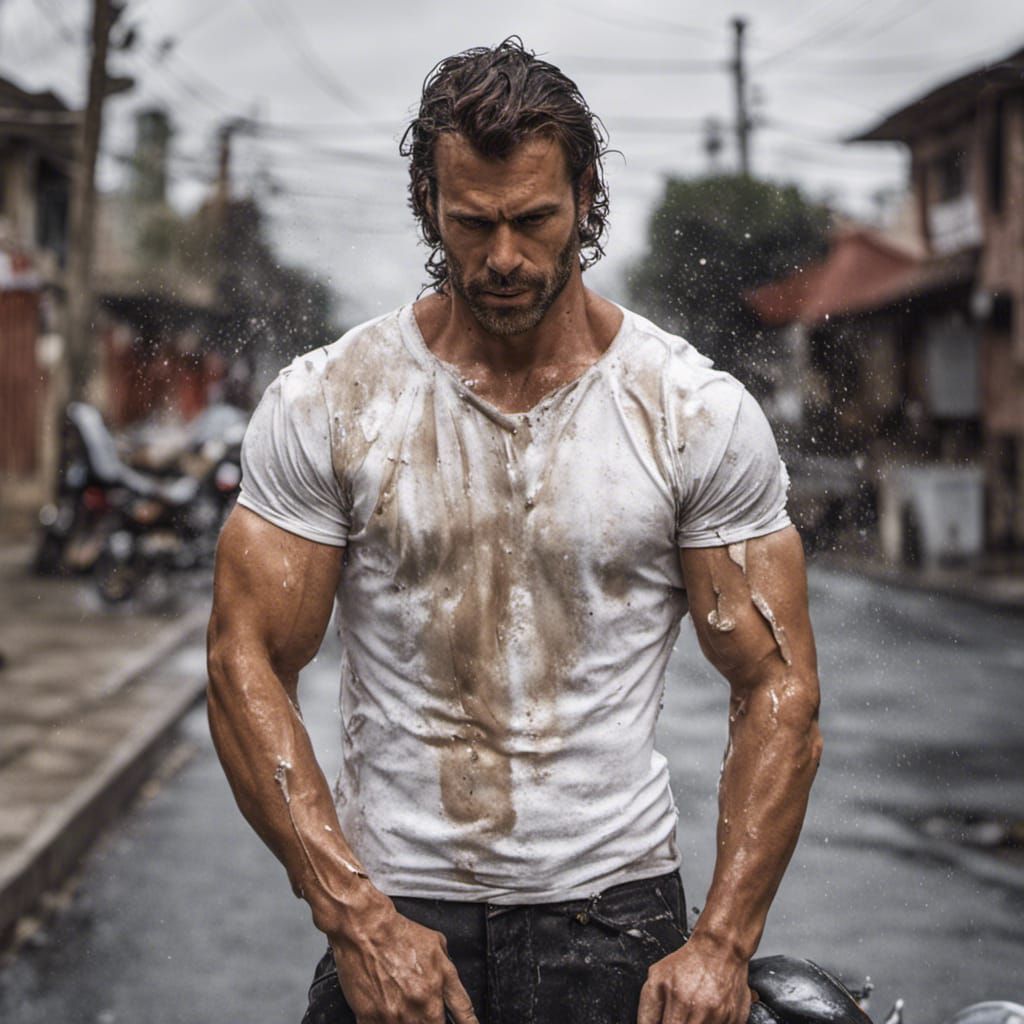 Wet T-shirt worn by Muscular man , shirt clinging to muscles , washing motorcycle, derelict street