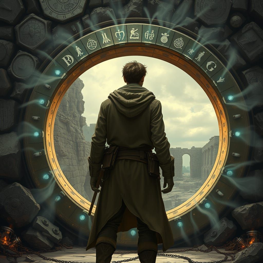 Time Traveler at Glowing Portal in Retro Sci-Fi Style