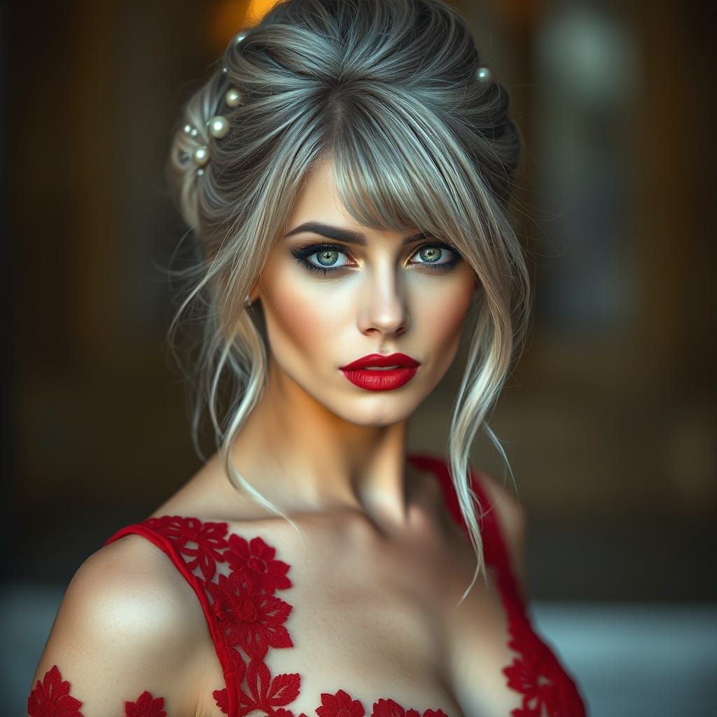 Sophisticated Scandinavian Woman in Red Lace Dress
