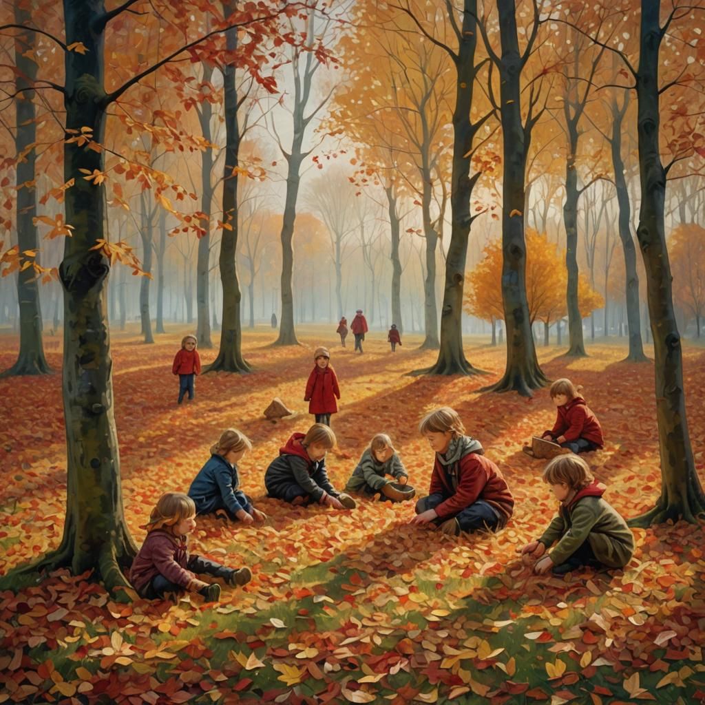 Impressionist Autumn Scene with Children Playing