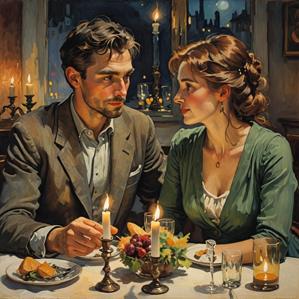 Romantic Dinner: Post-Impressionist Candlelight Scene