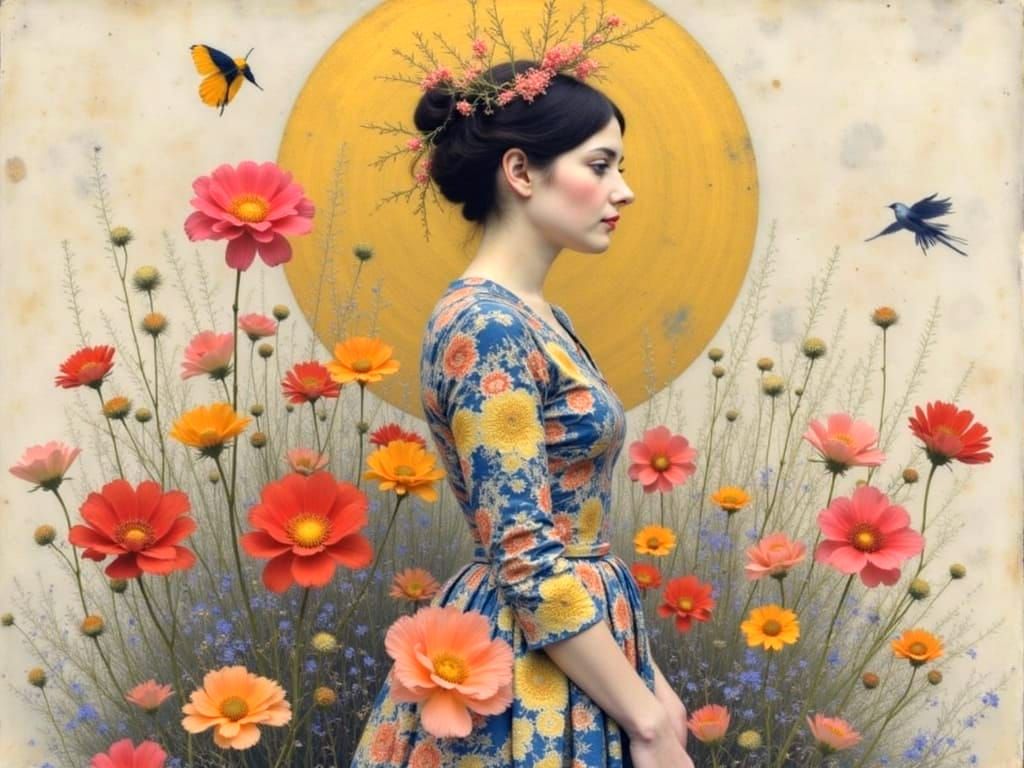 Woman with Floral Background in Klimt Style