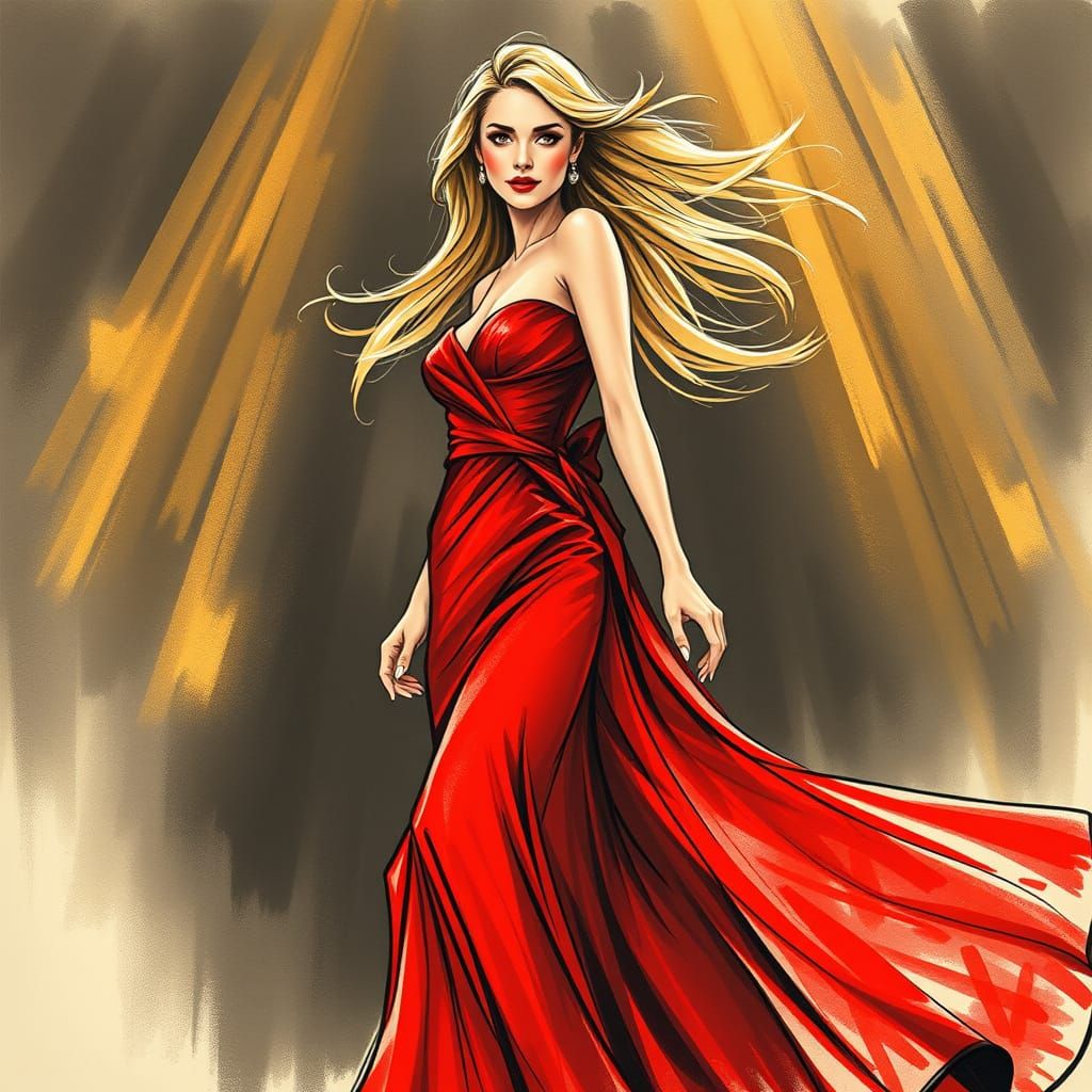 Glamorous Blonde Woman in Red Gown, Charcoal Fashion Illustr...