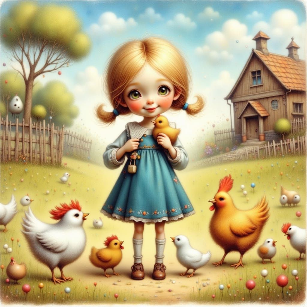 Little Girl with Chickens on a Farm in Storybook Style