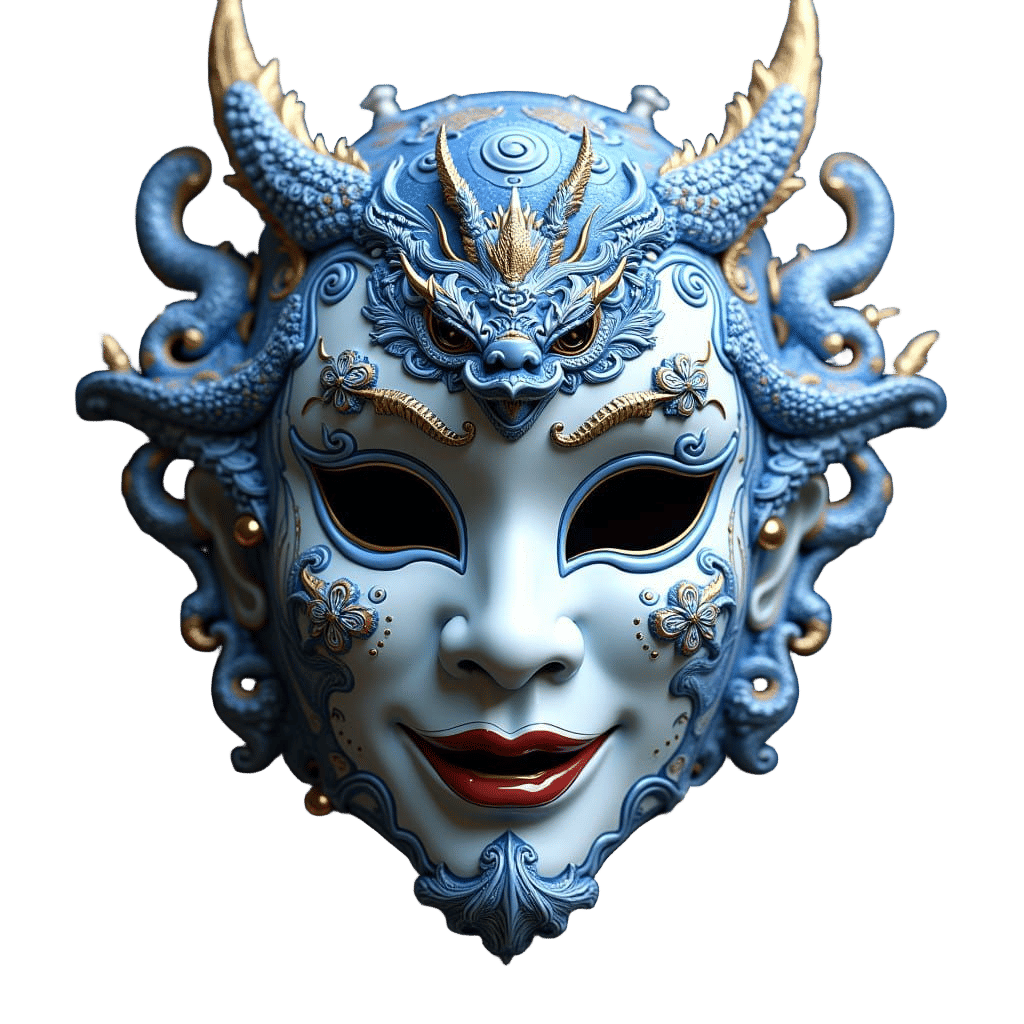 Japanese Porcelain Mask in Vibrant Blue and White