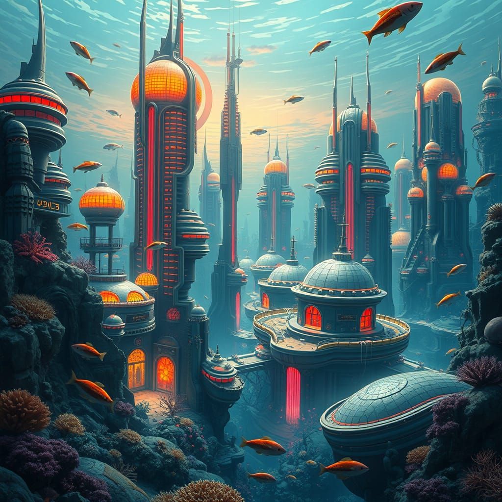 Vibrant Underwater City in Jules Verne Style