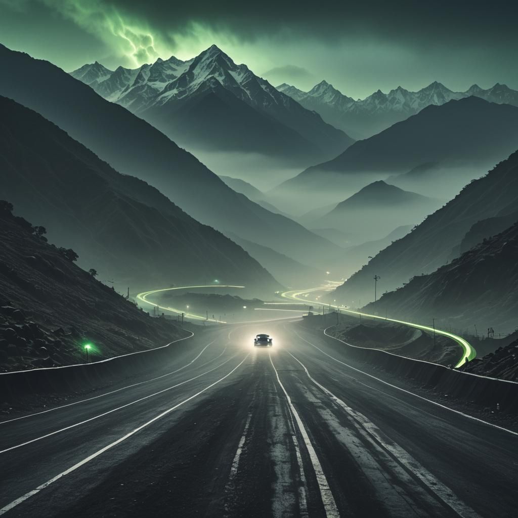 Dystopian Racetrack in Misty Himalayas: Surrealist View