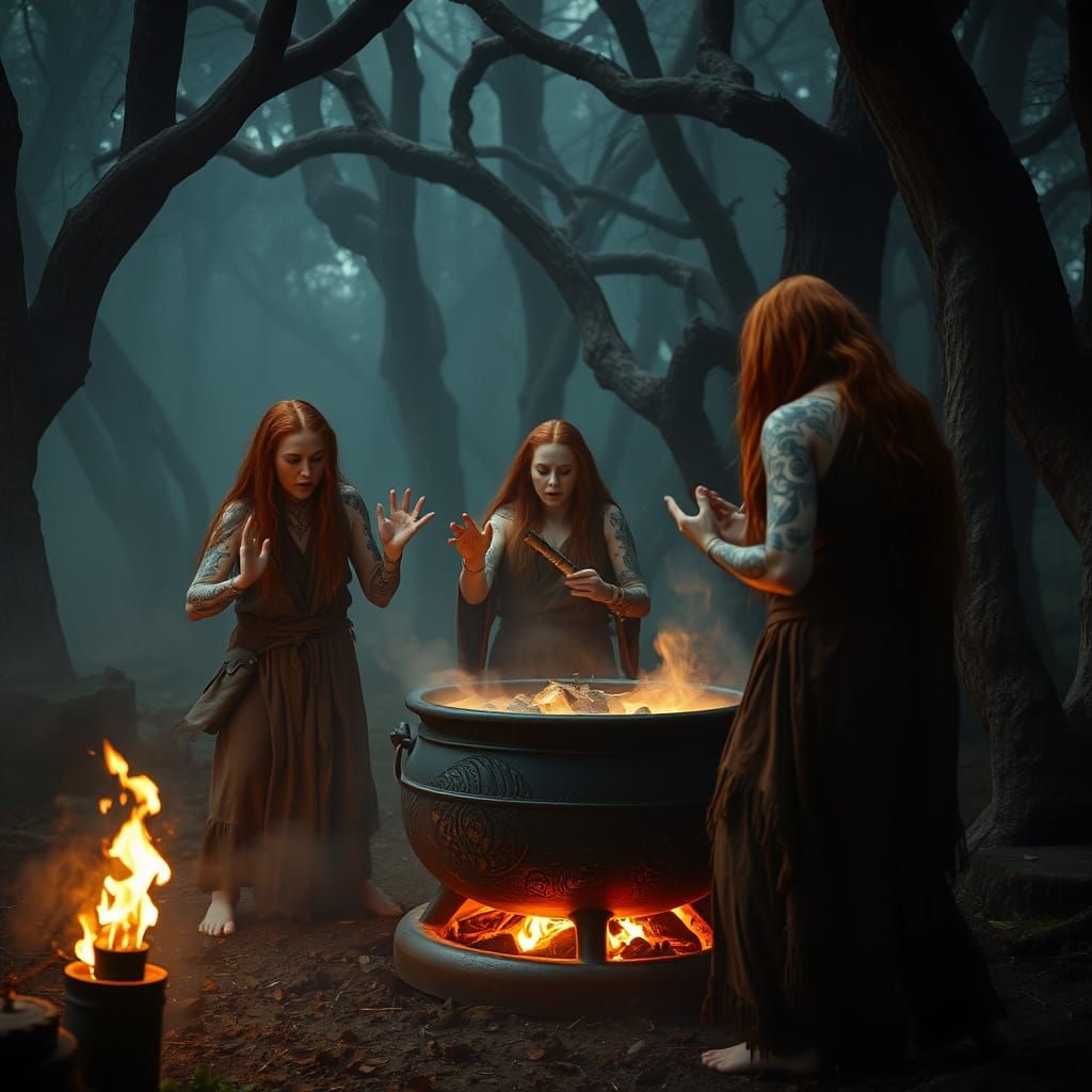 Mystical Ogresses in a Foggy Forest Clearing