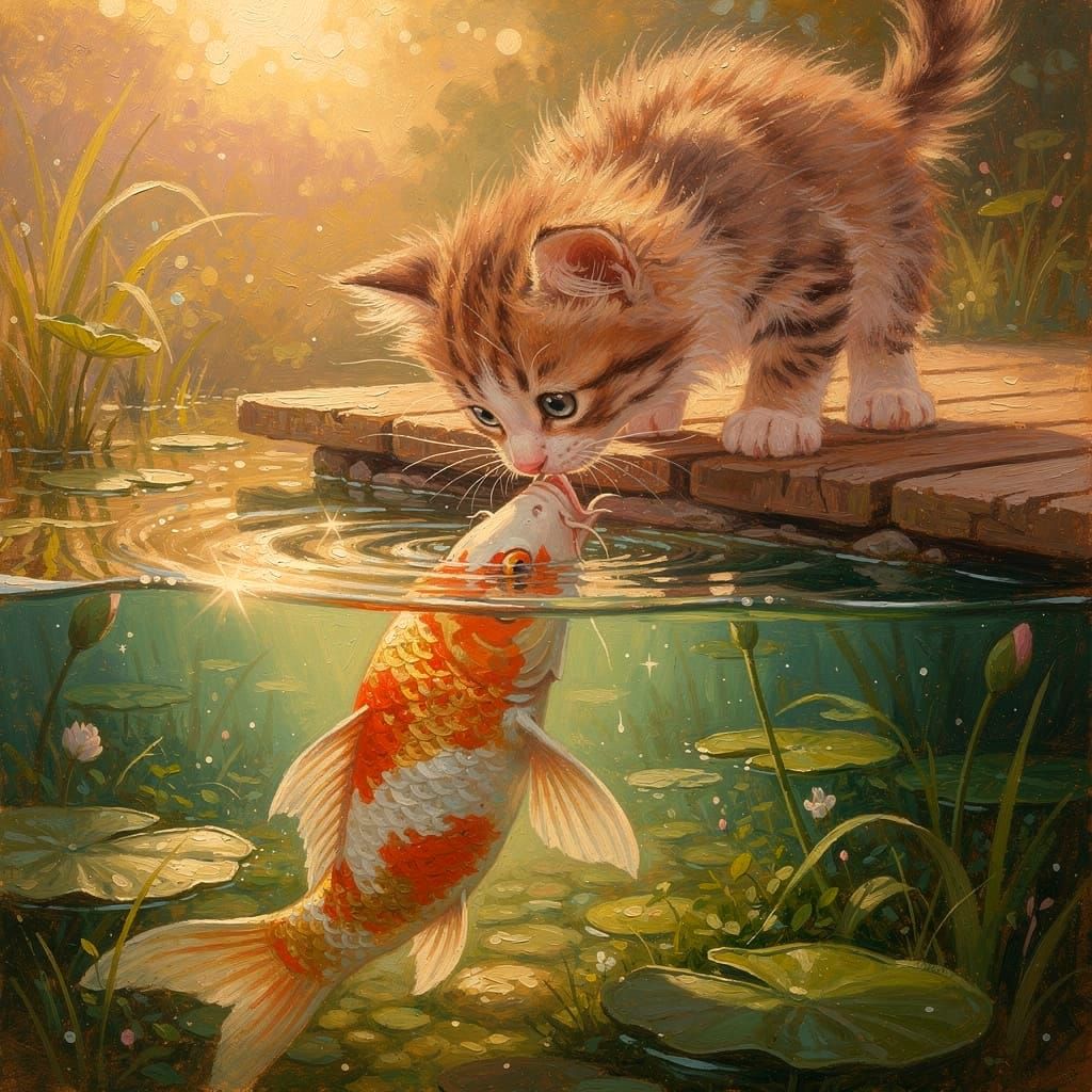 Cute Kitten and Koi Share Underwater Greeting in Textured Oi...