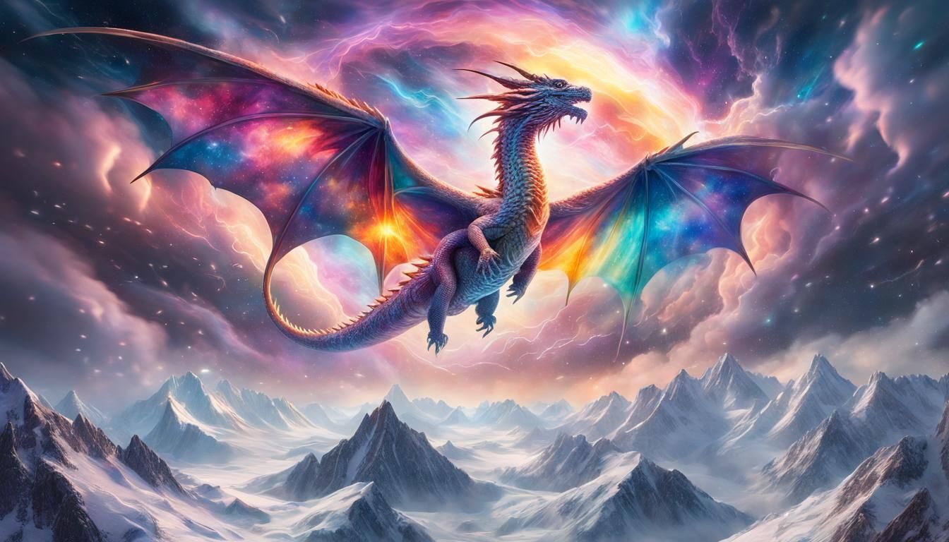 Dragon's Galactic Wings Over Snowy Peaks