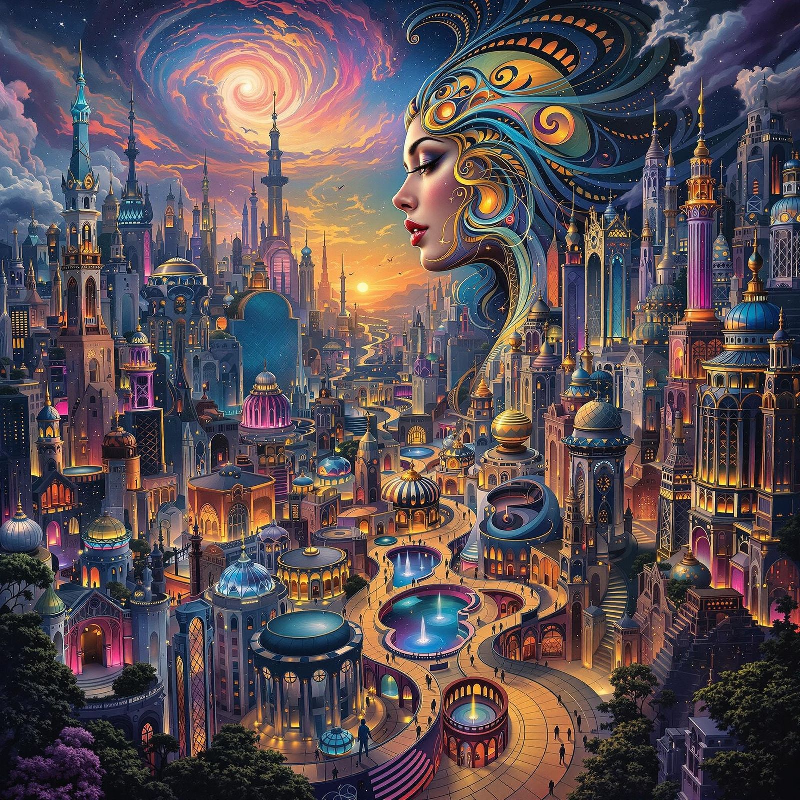 Metropolis as Woman: Surreal Cityscape in Oil Painting Style