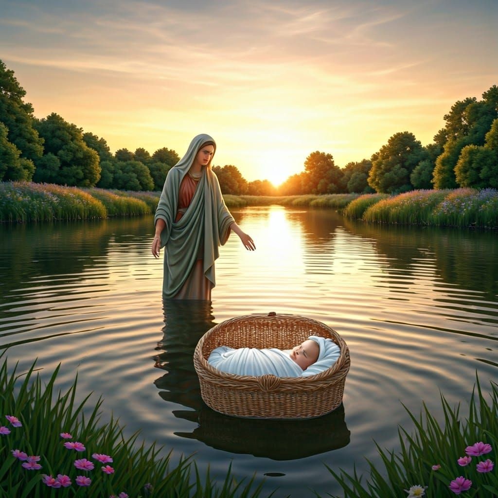A Serene Lake Scene with a Biblical Woman and a Baby