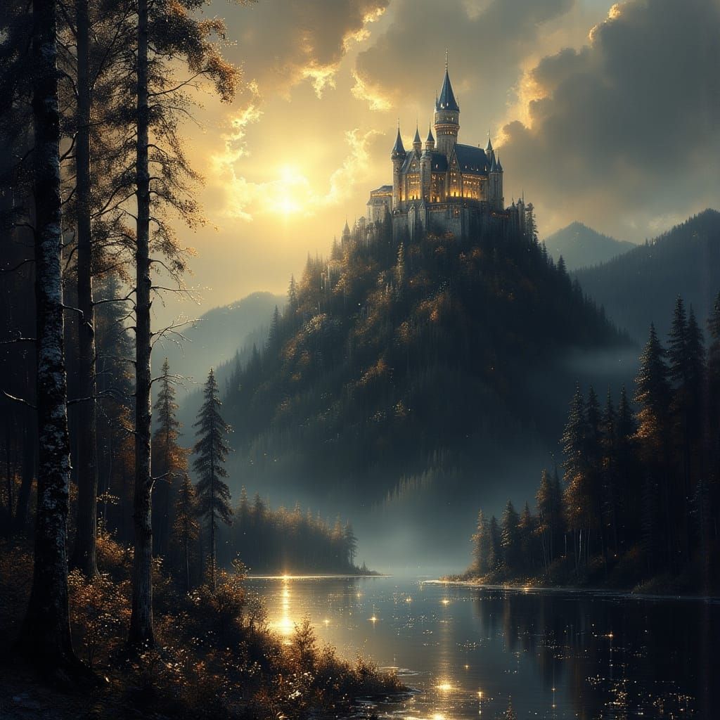 Noble Castle on Hilltop, Light in Dark Landscape