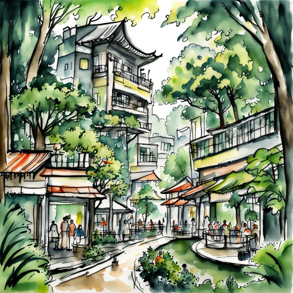 Rainforest Utopia: Ink and Watercolor Urban Sketch