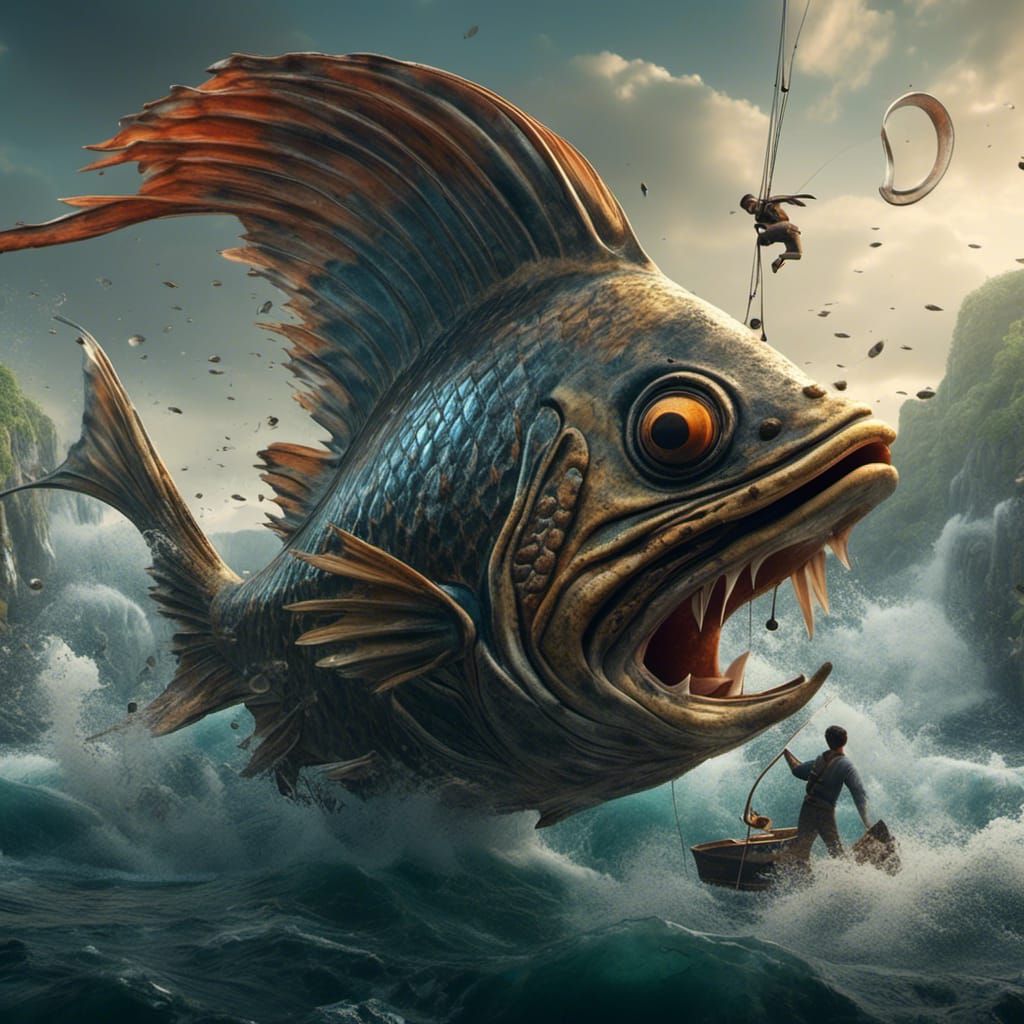 Fish Catches Men with Fishing Rod in Matte Painting