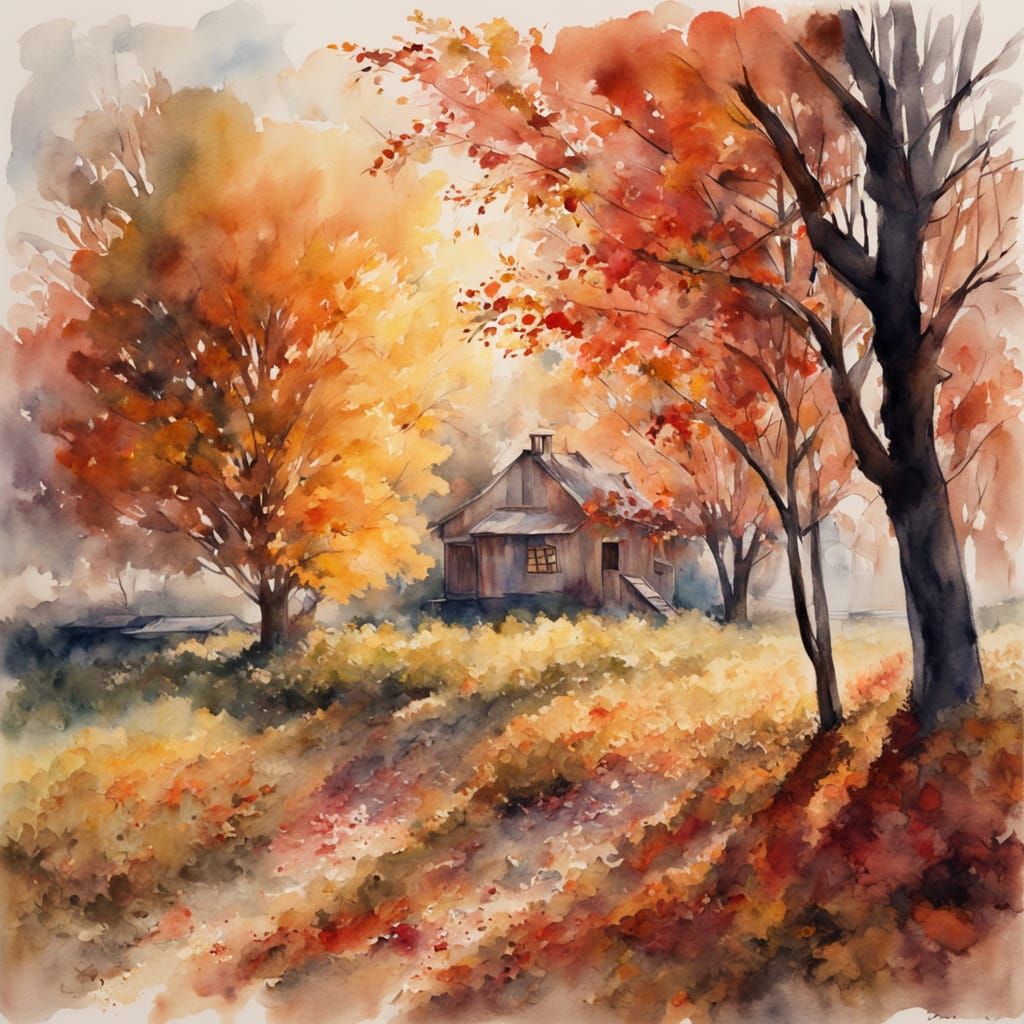 Watercolor Harvest Scene in Dramatic Autumn Light