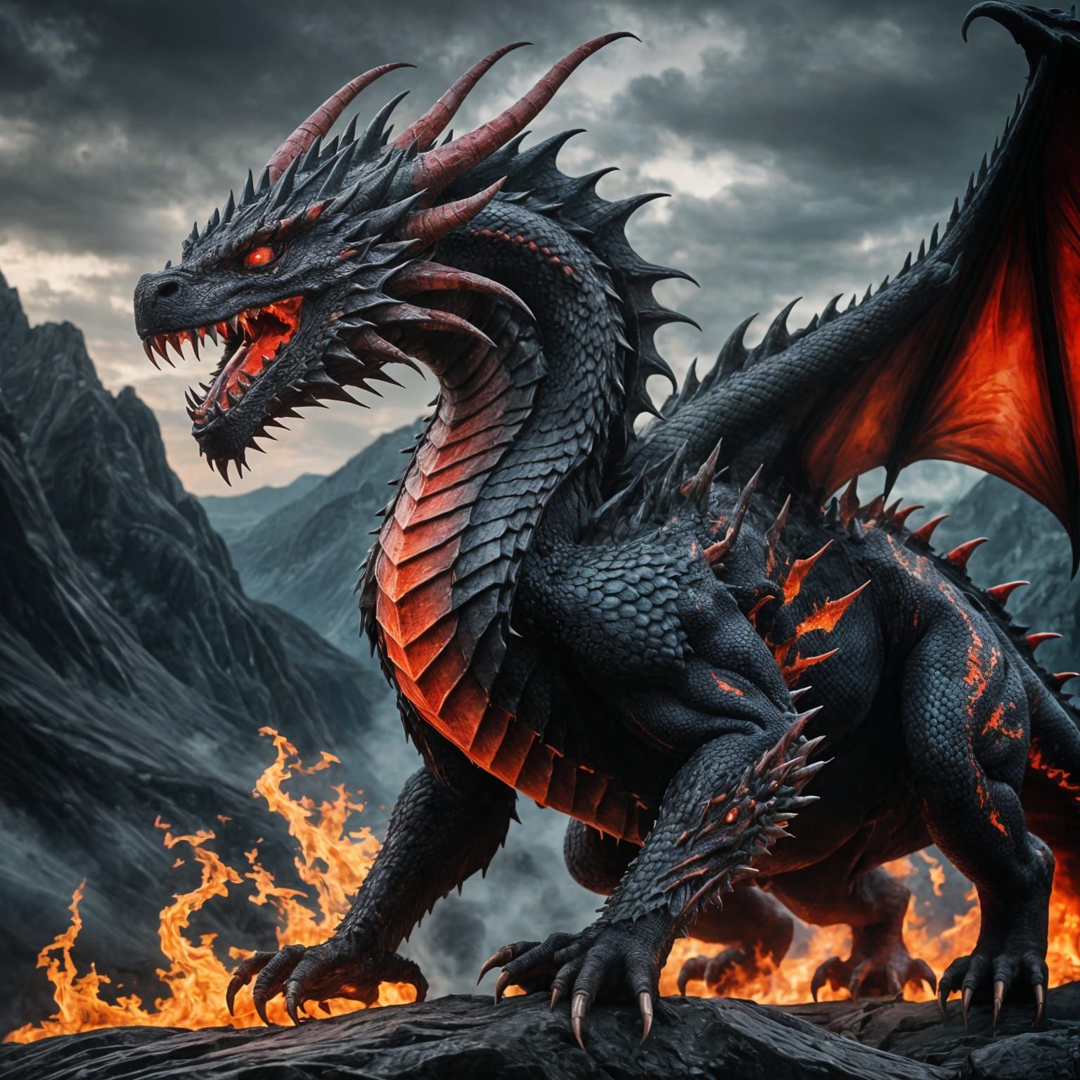 Epic Fire Dragon with Horns and Dorsal Spines