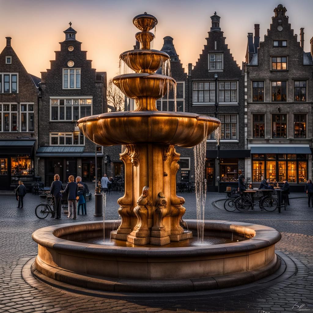 Ghent Fountain at Twilight: Hyperrealistic Golden Hour