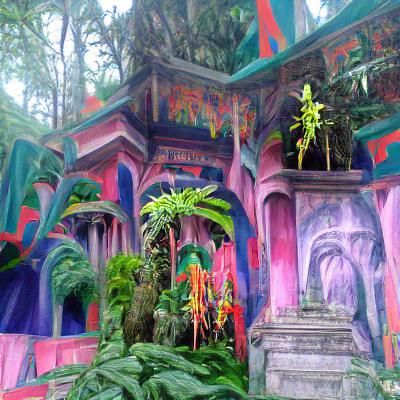 Colorful Fauvist Temple in Jungle Landscape