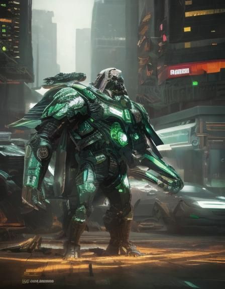 Jedi Green Tank in Cyberpunk Cityscape