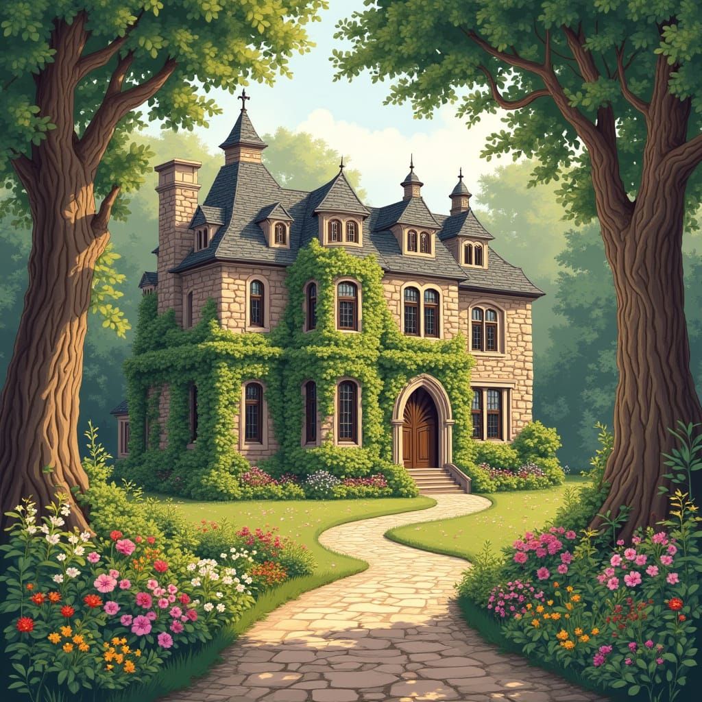 Medieval Mansion in Whimsical Vector Illustration Style