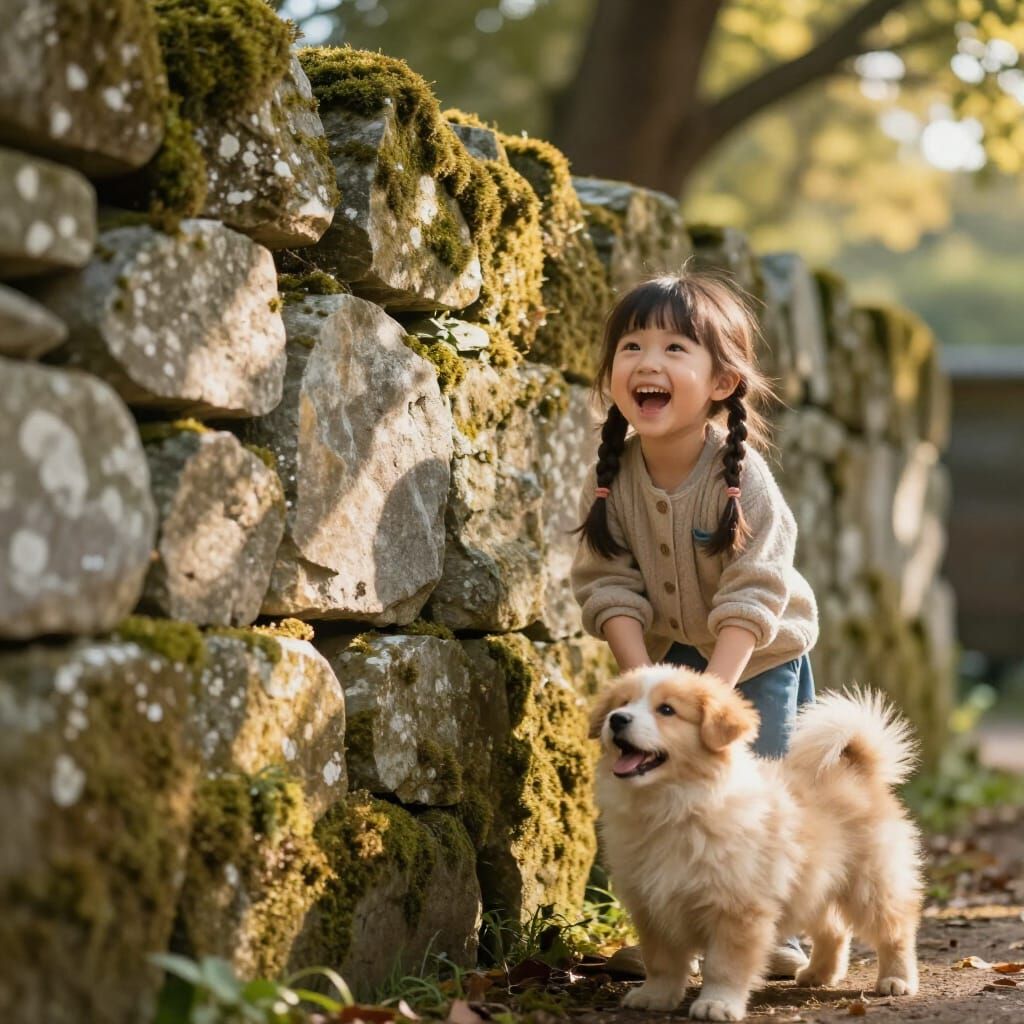 Hyperrealistic Stone Wall with Girl and Puppy