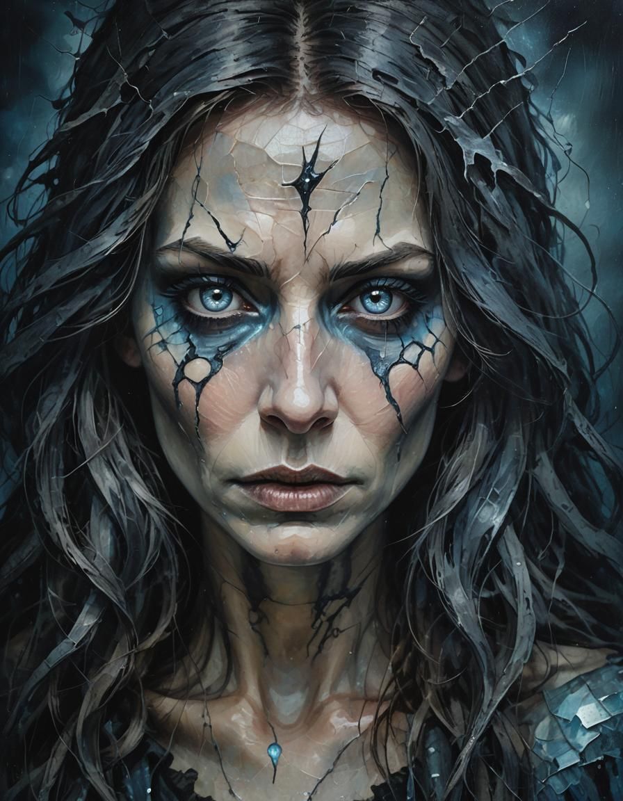 Eerie Witch Portrait in Shatter-Impressionism Style