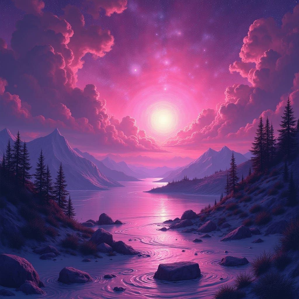 Dreamy Pink and Purple Cosmic Landscape Painting