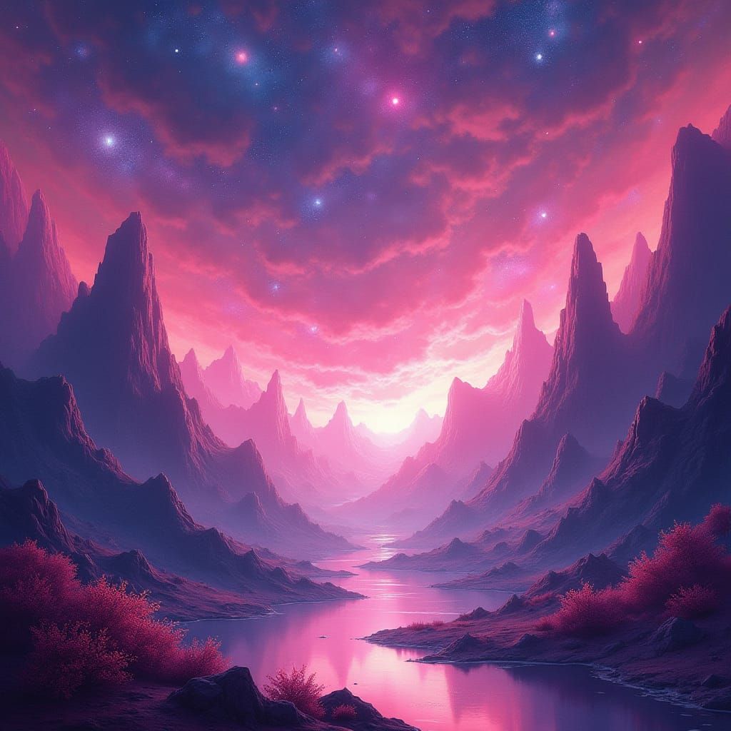 Dreamlike Cosmic Landscape in Pink and Purple