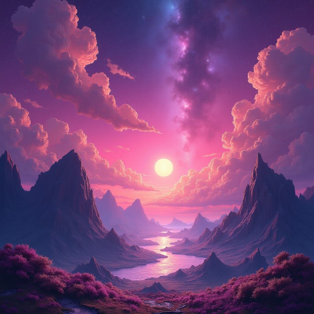 Dreamlike Cosmic Landscape Painting in Pink and Purple