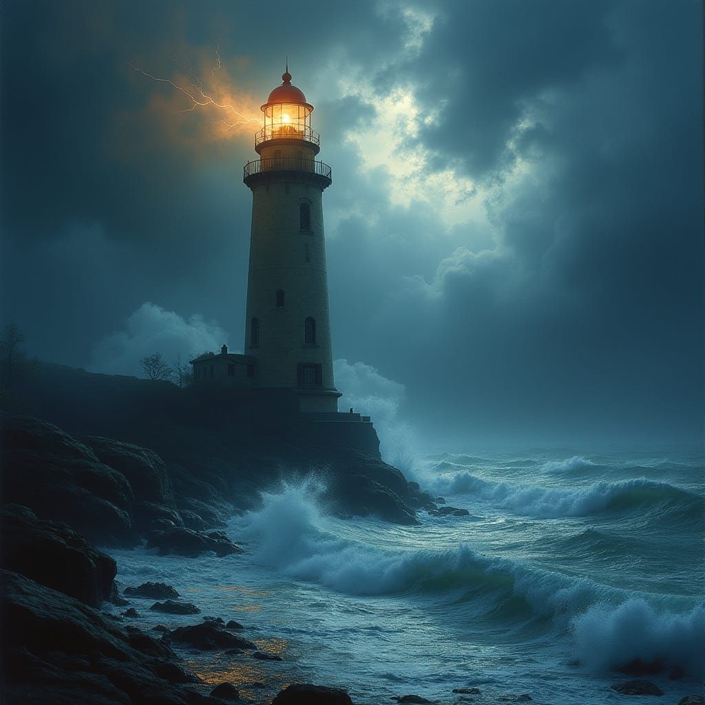 Lighthouse Battling Stormy Seas in Dramatic Lighting