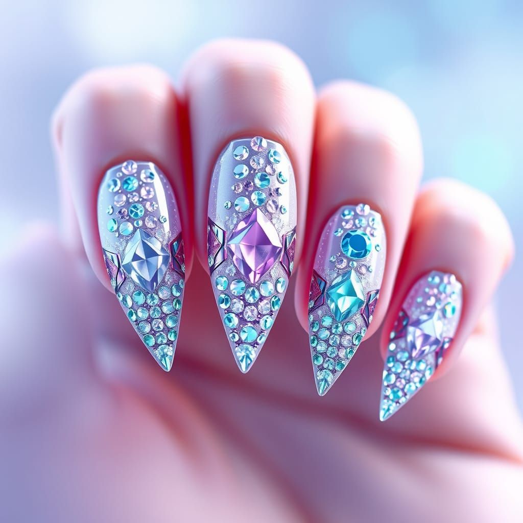 Crystal Nail Art with Shiny Stones in Blue, Purple, and Emer...
