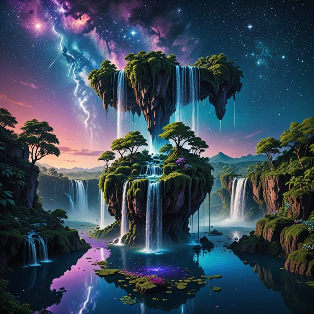 Surreal Floating Islands With Waterfalls Falling Upwards