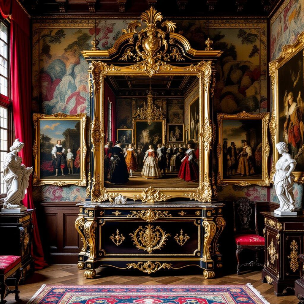 Lavish 17th Century Interior with Baroque Paintings