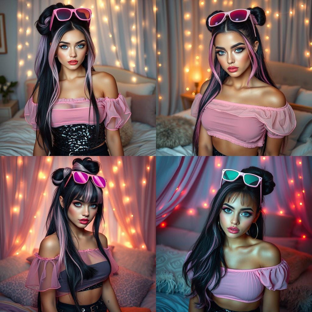 Glamorous Woman with Space Buns in Cozy Bedroom