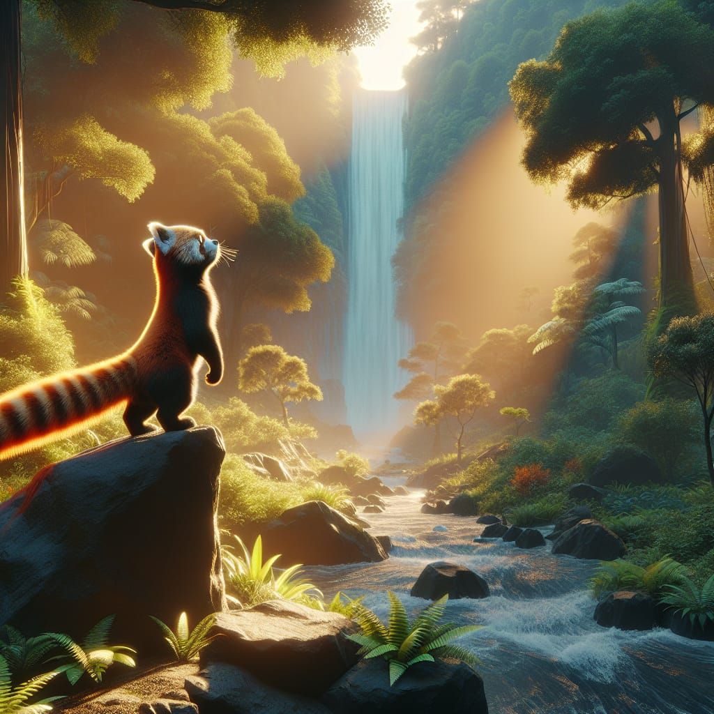 Red Panda Standing by Waterfall in Forest